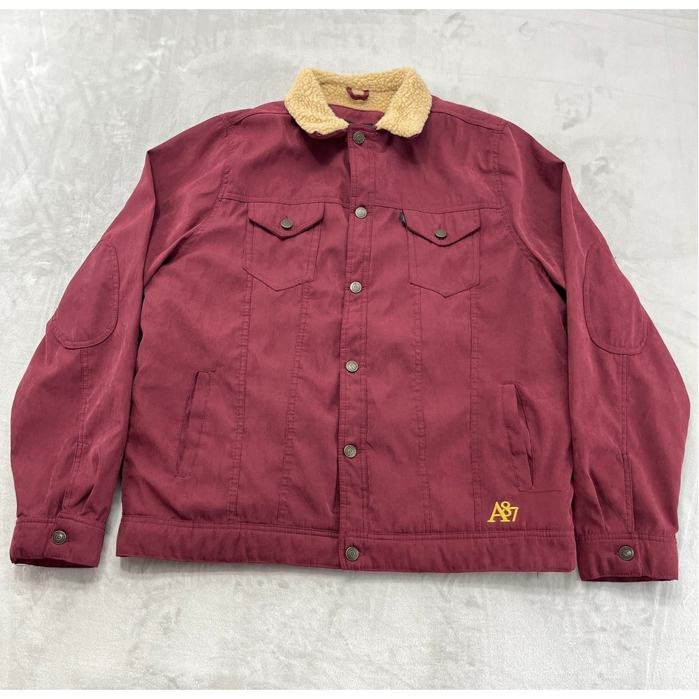 Aeropostale Trucker Jacket Men XL Burgundy Sherpa Lined A87 Logo Excellent
